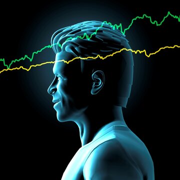 Man's head in profile with stock market charts.