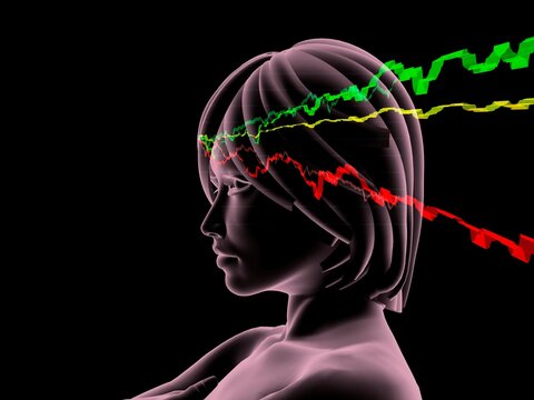 Woman's pink head in profile with stock market charts.