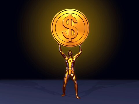 Dollar coin lifted high by golden athlete