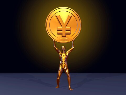 Japanese Yen coin lifted high by golden athlete