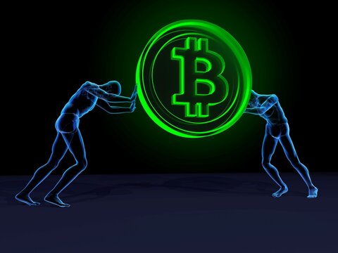 Large green Bitcoin lifted by two blue men