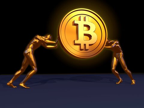 Large golden Bitcoin lifted by two golden men
