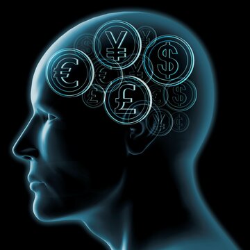 Man's head in profile with currencies and coins