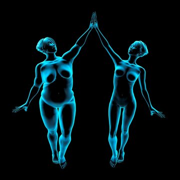 Obese and thin women giving high five, X-ray image