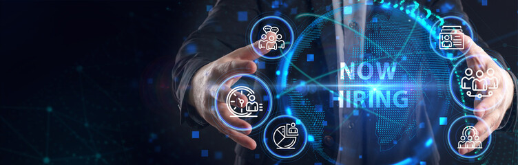 Business, Technology, Internet and network concept. NOW HIRING inscription, modern technology business concept.