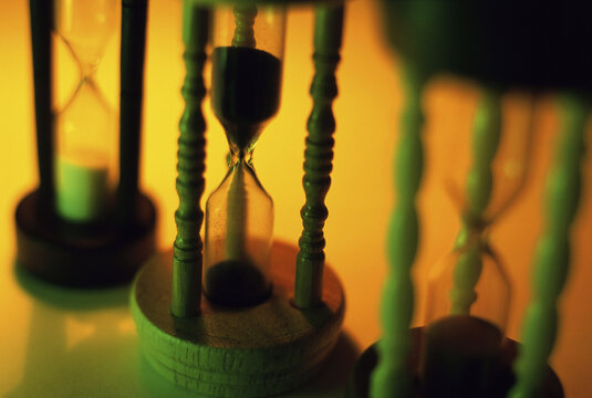 Close-up of an array of hourglasses