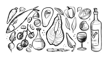 Hand Drawing Mediterranean Diet Set of Food. Wine, lemon, pepper, salmon, oil, avocado, tomatoes in pencil drawing stule. Use for your restaurant, cafe and menu design.
