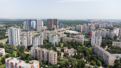 Fototapeta na wymiar Aerial view over central part of Kiev and the sleeping area
