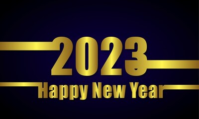 Naklejka na ściany i meble Happy new year 2023. Golden inscription on a dark blue background. Design for a greeting banner, postcard. Vector illustration