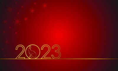 Text design Happy New Year 2023 with gold numbers and a hare on a red background with snowflakes. Festive poster, greeting card or invitation template. Year of the rabbit. Place for text. Vector illus