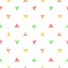 Watercolor triangles seamless repeat regular pattern. Tiny textured colorful triangle geometric shapes with watercolour stains. Geometrical red, orange, yellow and green vector hand drawn background.