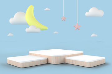 A set of wooden square display podiums for baby and kid in pastel tone colors at night. 3D rendering.