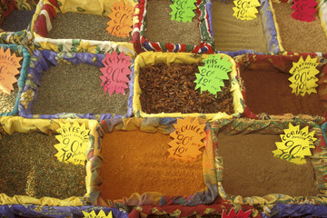 High angle view of spices with price tags