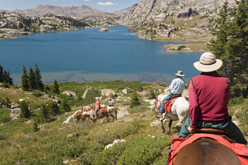 People horseback riding on a mountain, Island Lake, Bridger-Teton National Forest, Wind River Range, Wyoming, USA