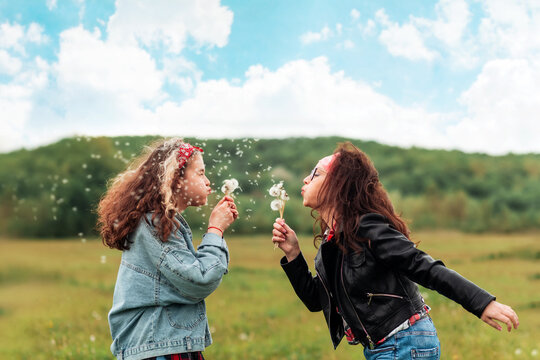 Mother and daughter blow dandelions on each other. Side view. In the background, the forest and the sky. Copy space. The concept of freedom and family happiness