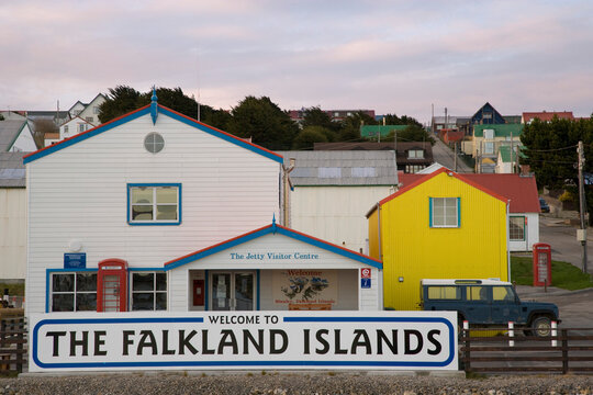 Welcome sign at the waterfront, Stanley, Falkland Islands, England