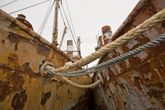 Low angle view of wrecked ships, Grytviken, South Georgia Island, South Sandwich Islands
