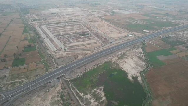 Aerial view of Lahore smart city kala shah kako motorway interchange Pakistan, drone's footage