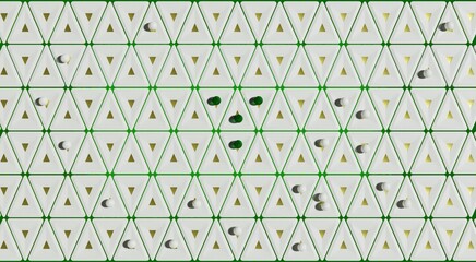 3D rendering. Little white and green balls on a geometric pattern of white three-dimensional triangles on a green background, top view. Wallpaper, advertising, background for the site, calendar.