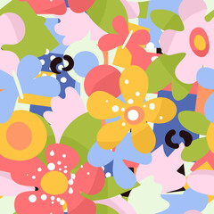 An abstract seamless pattern of simple stylized flowers and butterflies. Summer and spring joyful mood.