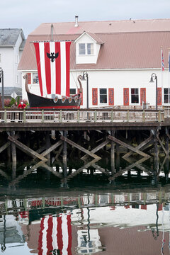 Viking ship in front of a building, Bojer Wikan Fisherman's Memorial Park, Sons of Norway Hall, Petersburg, Alaska, USA
