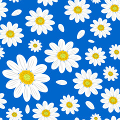 Wild chamomile flowers. Seamless summer pattern with large white flowers on a blue background. For printing on modern fabrics, fashion textiles, decorative papers. 