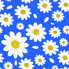 Wild chamomile flowers. Seamless summer pattern with large white flowers on a blue background. For printing on modern fabrics, fashion textiles, decorative papers. Vector.