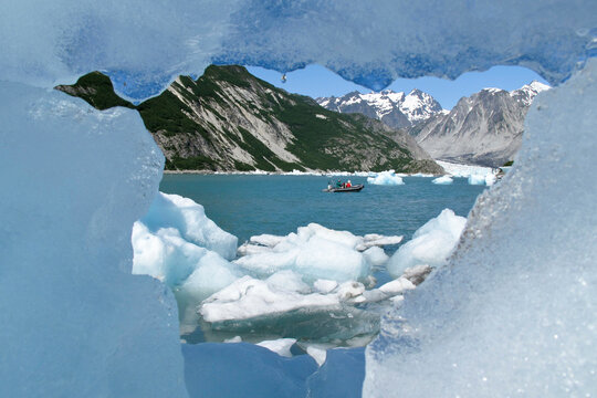 Tourists traveling on a boat in the sea, Reid Glacier, Glacier Bay, Glacier Bay National Park, Alaska, USA