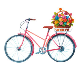 Fototapeta na wymiar Watercolor bicycle. An old pink bicycle with a basket of flowers for traveling around the city