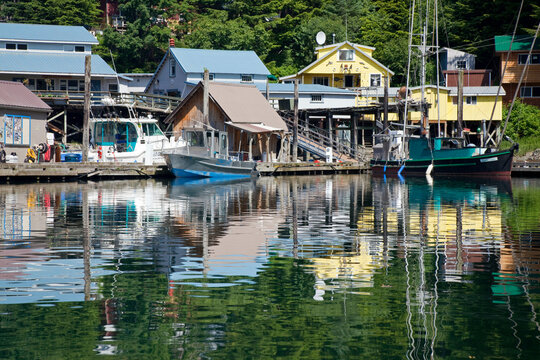 Fishing boats moored at a port, Elfin Cove, Alaska, USA