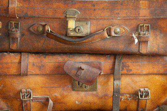 Close-up of leather suitcases, Fort Steele, British Columbia, Canada