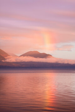 Reflection of rainbow in the sea, Mount Walker, Hood Canal, Seabeck, Kitsap County, Washington State, USA