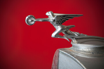 Close-up of hood ornament of an antique car, Potlatch Totem Park, Ketchikan, Alaska, USA