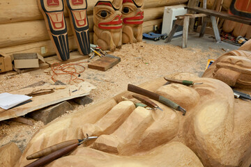 Carving of totem pole, Potlatch Totem Park, Ketchikan, Alaska, USA