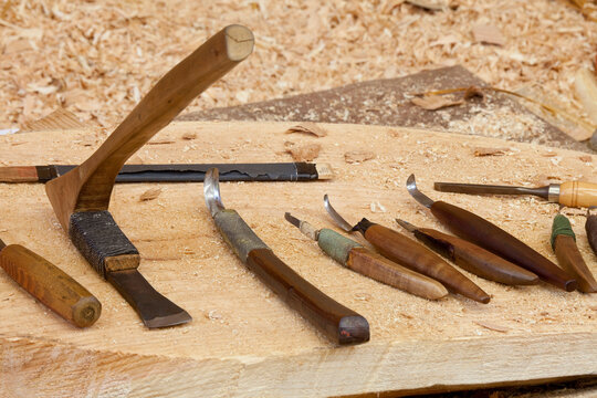 Close-up of work tools, Potlatch Totem Park, Ketchikan, Alaska, USA