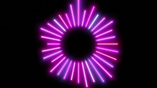 Black background.Design. A bright purple silhouette of the sun in abstraction that glows and changes the size of bright rays