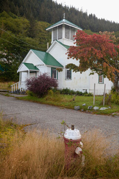 Church in a field, Ocean Falls, British Columbia, Canada
