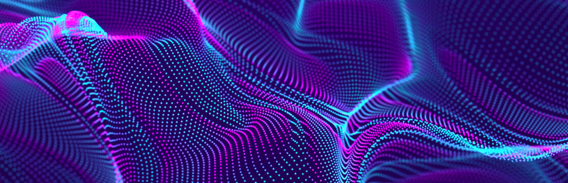 Particle stream. Purple wave background with many glowing particles. Information technology background. 3d