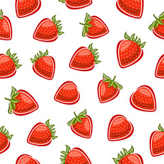 Vector Strawberry Seamless Pattern, repeat background with set of cut out illustrations whole strawberries with green leaves, group of various strawberry berries for home interior on white background
