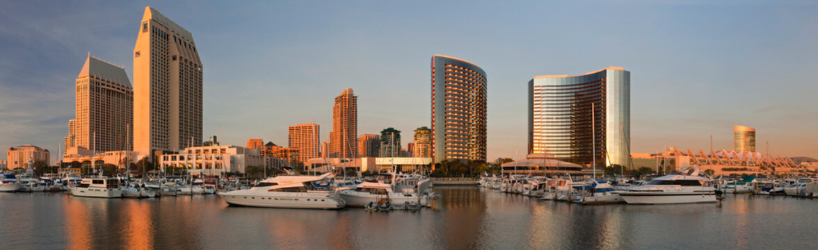 Buildings at waterfront, San Diego Marriott Hotel And Marina, Seaport Village, San Diego, California, USA