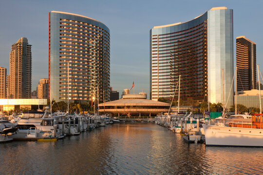 Buildings at waterfront, San Diego Marriott Hotel And Marina, Seaport Village, San Diego, California, USA