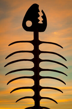 Silhouette of a fishbone sculpture, Embarcadero Marina Park, Seaport Village, San Diego, California, USA