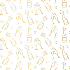seamless golden pattern of champagne bottle explosion, cheers, New Year Eve, anniversary, wedding - vector illustration © chrupka