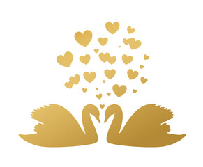 golden swan couple with hearts, symbol of eternal love -vector illustration