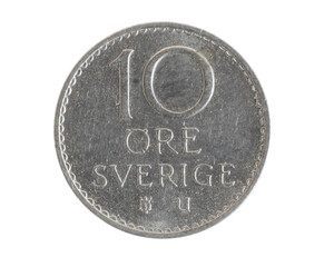 Sweden ten ore coin on a white isolated background