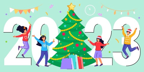 Obraz na płótnie Canvas Happy people celebrating merry Christmas and happy new year dancing at christmas party flat vector illustration Office Business People Team Santa Hat Vector illustration concept