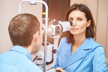 ophthalmologist medical patient. Eye clinic treatment. Hospital optics equipment. Choosing vision...
