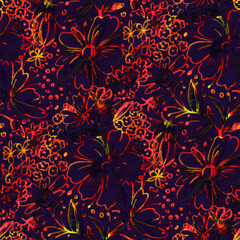 Seamless pattern with bright tropical flowers