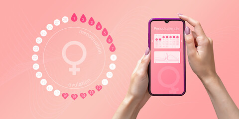 Menstrual cycle tracker mobile app on the smartphone screen in the hands of a woman. Modern technologies for tracking women's health, pregnancy planning - obrazy, fototapety, plakaty