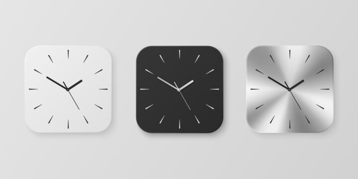 Vector 3d Realistic White, Black and Slver or Chrome Steel Wall Office Clock Icon Set Isolated. Design Template of Wall Clock Face Closeup. Mock-up for Branding and Advertise. Front View